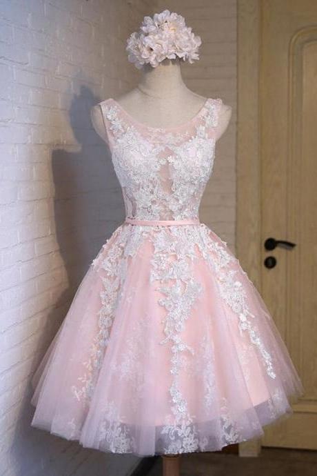 Round Neck Short Pink Lace Prom Dresses,pink Lace Formal Graduation Evening Dresses,pink Homecoming Dresses