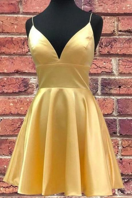 A Line V Neck Short Yellow Prom Dresses,short V Neck Yellow Formal Homecoming Dresses