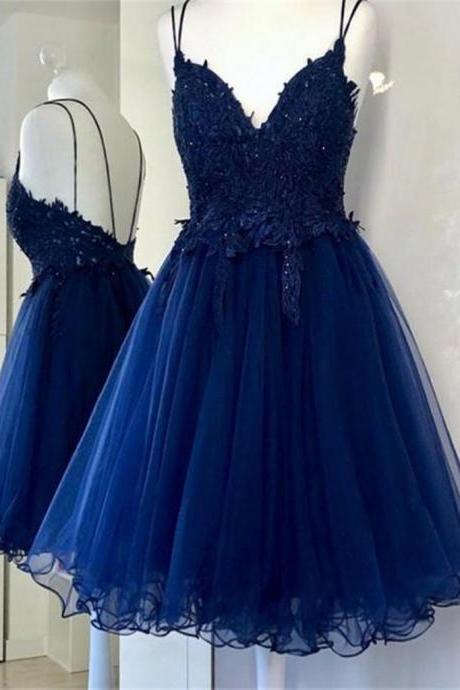 V Neck Backless Navy Blue Lace Prom Dresses,short Navy Blue Lace Homecoming Dresses,navy Blue Formal Evening Dresses