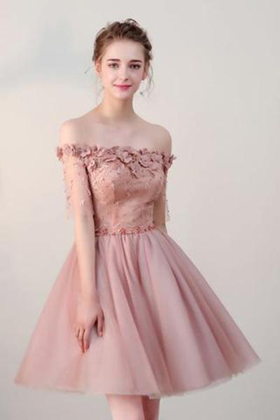 Chic Short Pearl Pink Off-the-shoulder Homecoming Dress,tulle Prom Dresses