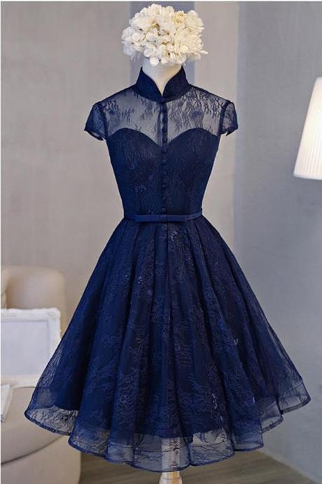 Retro A-line High Neck Short Sleeve Knee-length Navy Blue Lace Homecoming Dress
