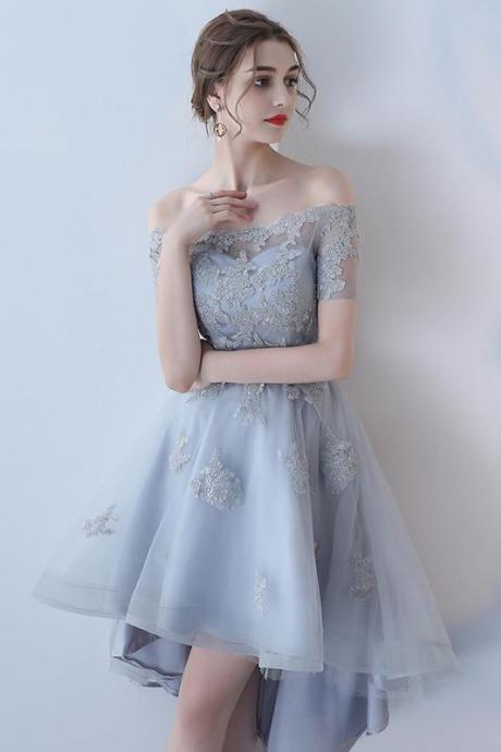Off the Shoulder Organza A Line High Low Short Sleeves Lace Top Homecoming Dresses