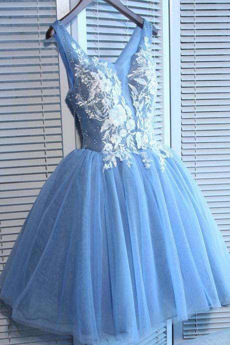 Blue Tulle A Line Lace Appliques Short Homecoming Dresses