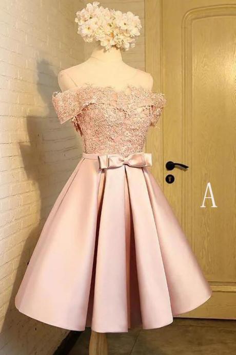 Off the Shoulder Short Prom Dress,A Line Appliques Bow-knot Homecoming Dress