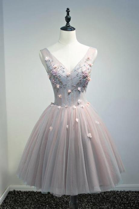A Line Lace Floral Short V Neck Tulle Homecoming Dresses