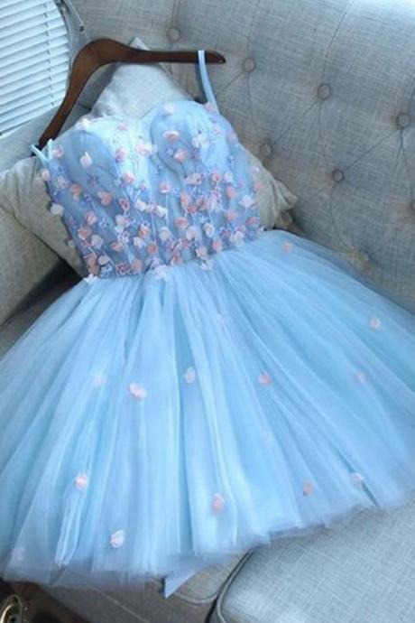 A-Line Sweetheart Short Blue Tulle Homecoming Dress with Appliques