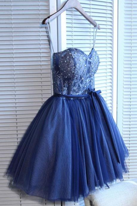 Cute Navy Blue Sweetheart Tulle Beaded Appliques Short Homecoming Dress
