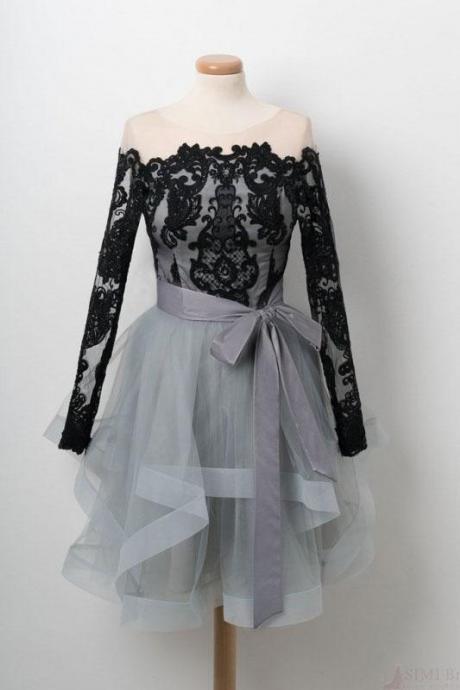 A Line Black Lace Off Shoulder Homecoming Dresses with Long Sleeves