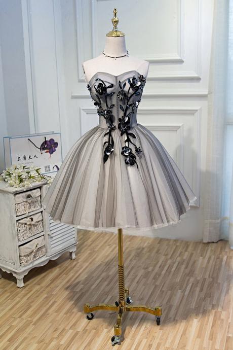 A Line Sweetheart Tulle Black Short Homecoming Dress With Flowers