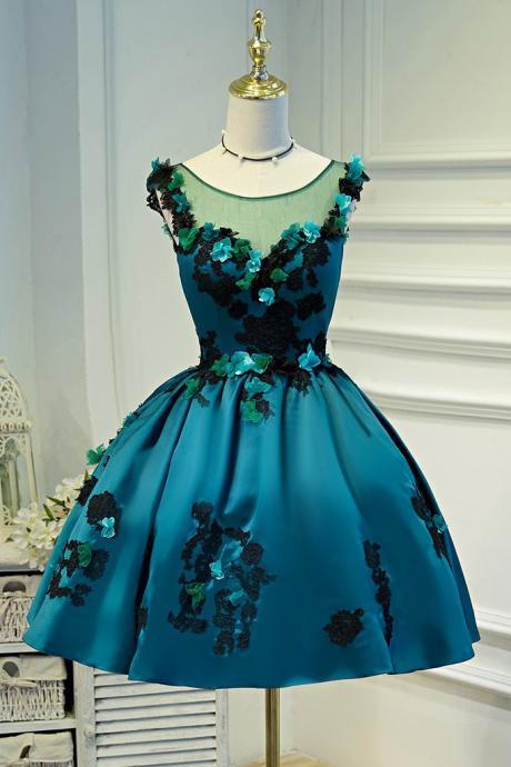 A Line Flower Appliques Round Neck Homecoming Dresses,Blue Short Prom Dress