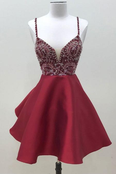 Spaghetti Straps Dark Red Short Prom Dress Homecoming Dress