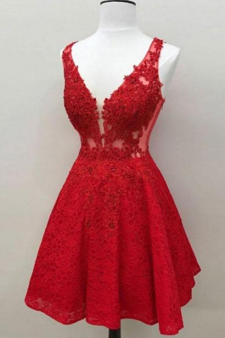 Custom Red Lace V Neck A Line Short Homecoming Dresses