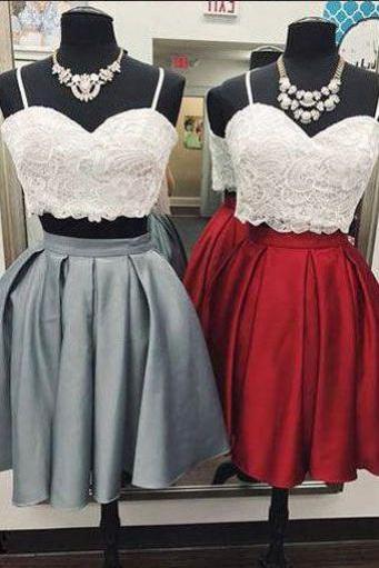 Sexy Two Piece Gray Burgundy Short Homecoming Dresses With Lace Top