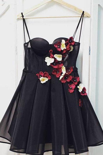 Black Tulle Sweetheart Neck Short Prom Dress,flowers Homecoming Dress
