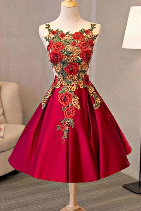 Pretty Short Satin A-line Lace Up Homecoming Dresses With Embroidered Appliques