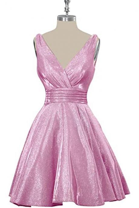 Pink Sequins Short Homecoming Dresses A Line V Neck Graduation Dresses Party Gown
