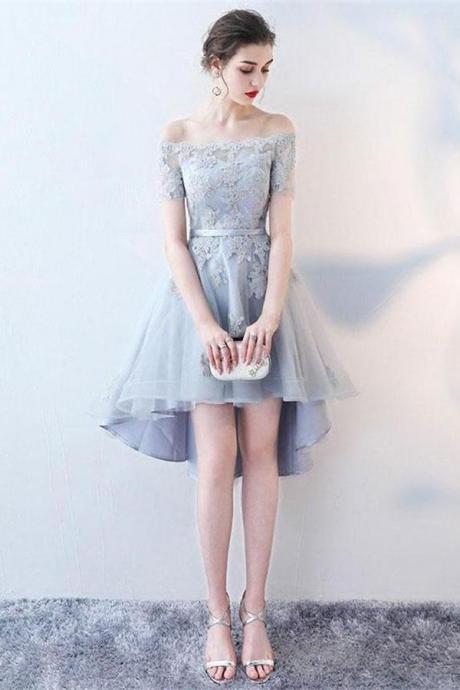 Elegant Gray Lace Tulle Asymmetrical Simple Homecoming Dresses