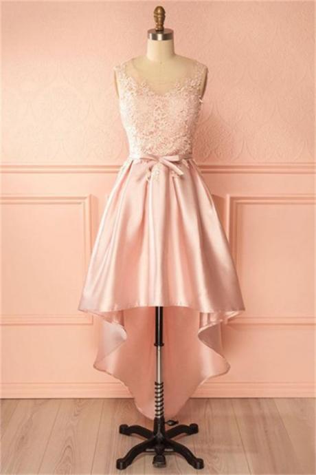 Girly Pink Lace High Low Simple Homecoming Dresses For Teens