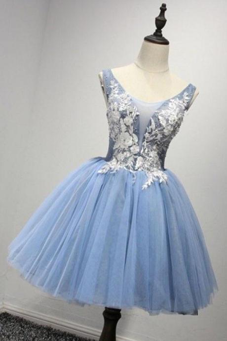 Blue And Ivory Lace Short V-neck Lace Up Short Homecoming Dresses