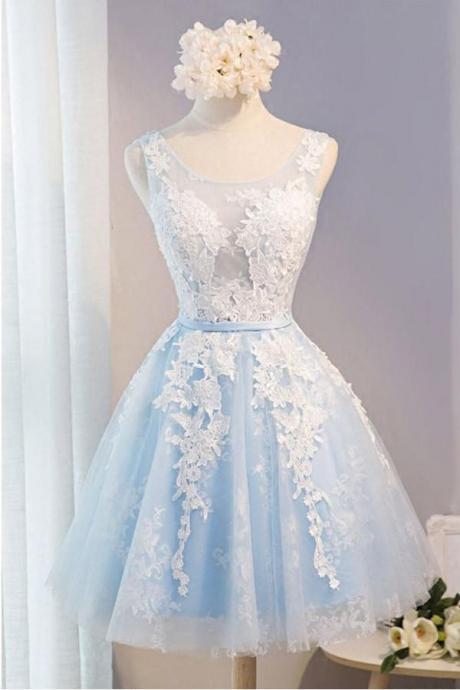 Elegant Light Blue And Ivory Lace Short Simple Homecoming Dresses