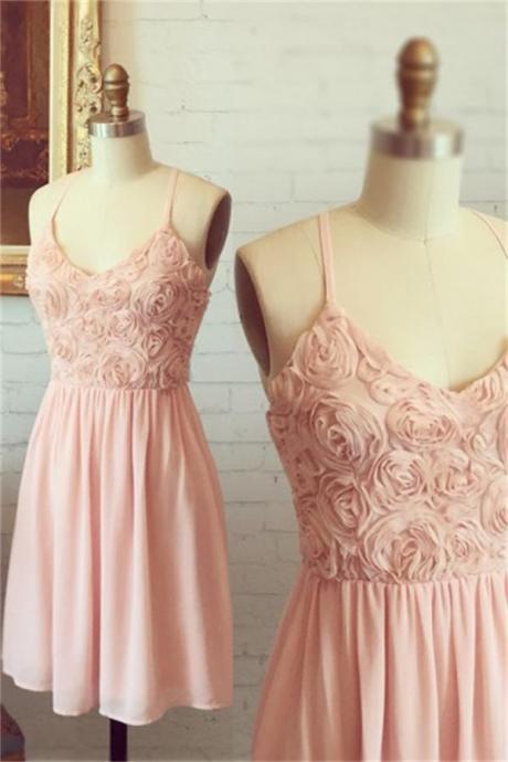 Cute Spaghetti Straps Pink Chiffon A-line Simple Homecoming Dresses
