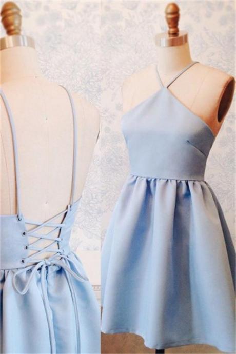 Spaghetti Straps Sky Blue Satin Lace Up Backless Short Homecoming Dresses