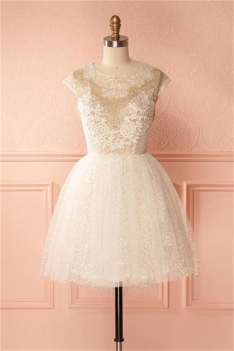 Cap Sleeves Ivory Sparkly Short Homecoming Dresses For Teens