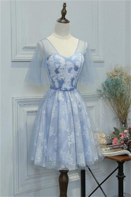 Elegant Light Blue Lace Tulle A-line Homecoming Dresses For Teens