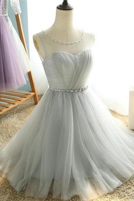 Elegant Silver Gray Short A-line Beading Tulle Cute Homecoming Dresses