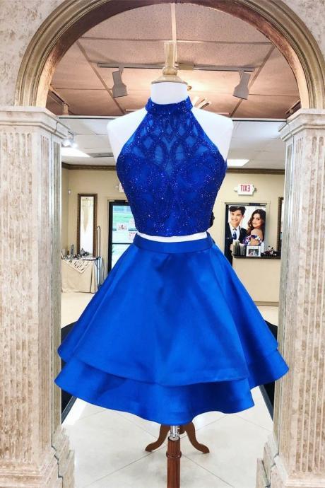 Royal Blue 2 Pieces Beading Satin Cute Dresses Short Homecoming Dresses
