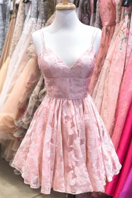 Spaghetti Straps Short Cute Pink Cocktail Dresses Homecoming Dresses For Teens
