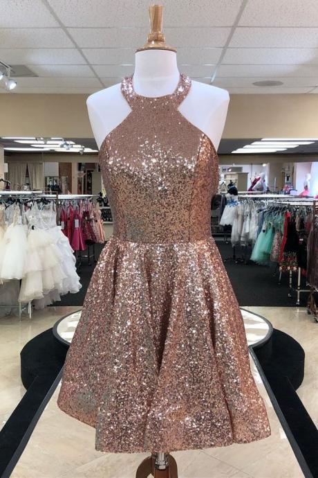 Sparkly Halter Open Back Short Homecoming Dresses Party Dresses For Teens