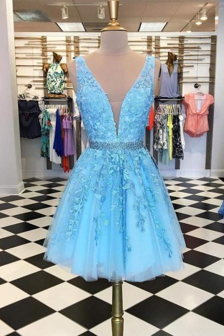 Light Blue Lace Beading Tulle Backless Pretty Short Homecoming Dresses