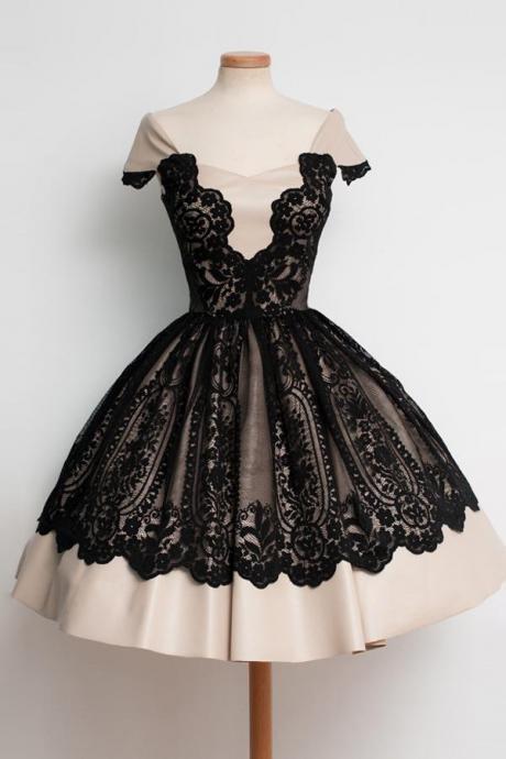 Cap Sleeves Black Lace Vintage Homecoming Dresses Party Dresses