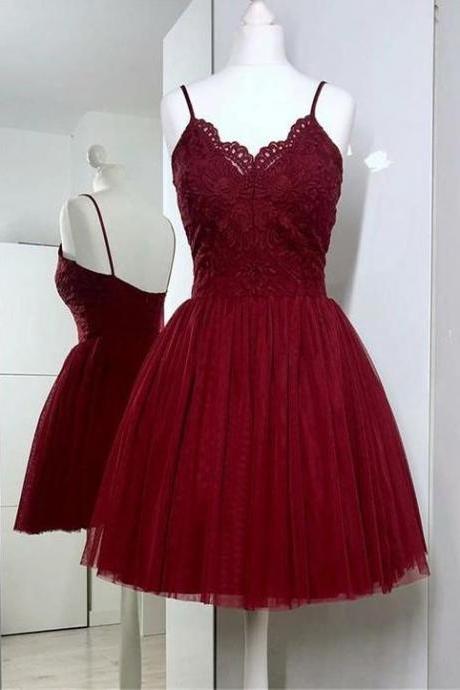 Spaghetti Straps Burgundy Lace Tulle Simple Short Homecoming Dresses