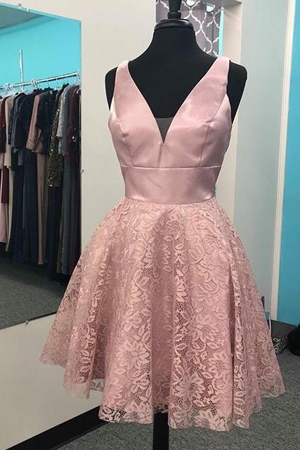 Pretty V-neck Pink Lace Satin V-neck Short Homecoming Dresses