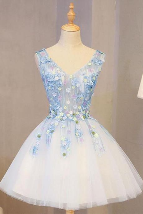 Cute Blue Lace Applique Short Prom Dress,homecoming Dress