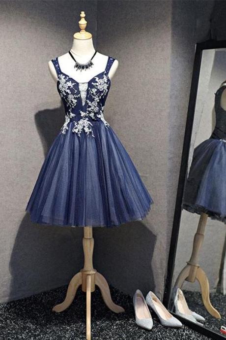 High Quality Dark Blue Tulle Beading Short Prom Dress,homecoming Dress