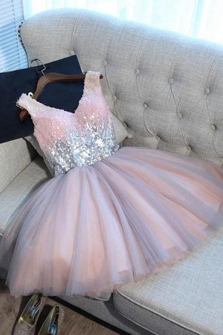 Cute Pink V Neck Tulle Seqsuins Short Prom Dress,cocktail Dress