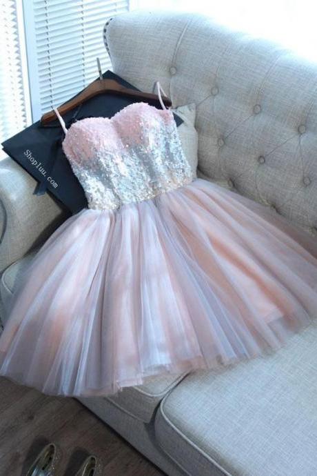 Cute Pink Sweetheart Neck Tulle Seqsuins Short Prom Dress,cocktail Dress