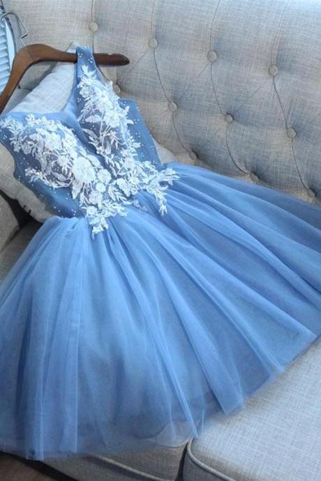 Cute Blue V Neck Tulle Lace Short Prom Dress,cocktail Dress