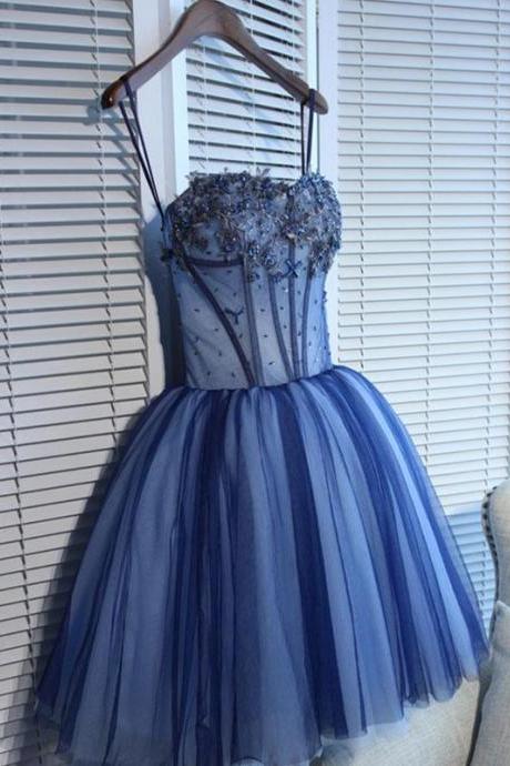 Charming Blue Lace Tule A Lin Short Prom Dress,homecoming Dress