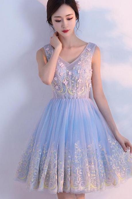 Cute Light Blue V Neck Tulle Short Prom Dress,homecoming Dresses