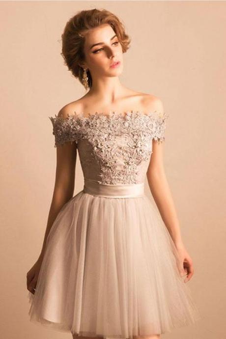 Cute Gray Lace Off Shoulder Short Prom Dress,homecoming Dress