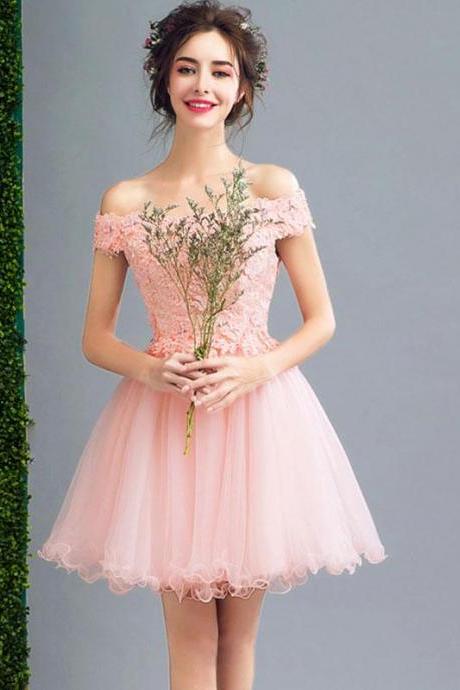 Pink A Line Lace Tulle Short Prom Dress,homecoming Dresses