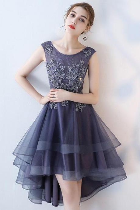 Purple Round Neck Lace Tulle High Low Prom Dress,homecoming Dress