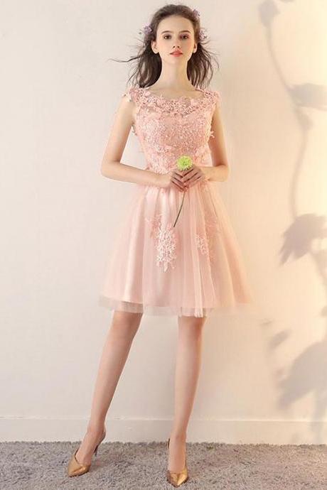 Pink Round Neck Tulle Lace Short Prom Dress,pink Homecoming Dress