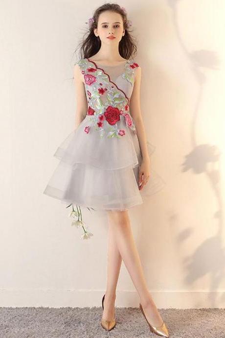Gray Tulle Applique Short Prom Dress,gray Homecoming Dress