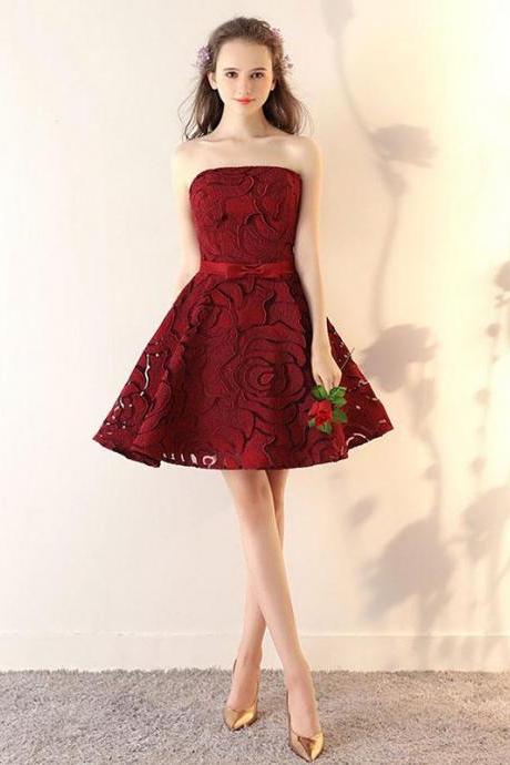 Burgundy Lace Short Prom Dress,burgundy Short Bridesmaid Dress