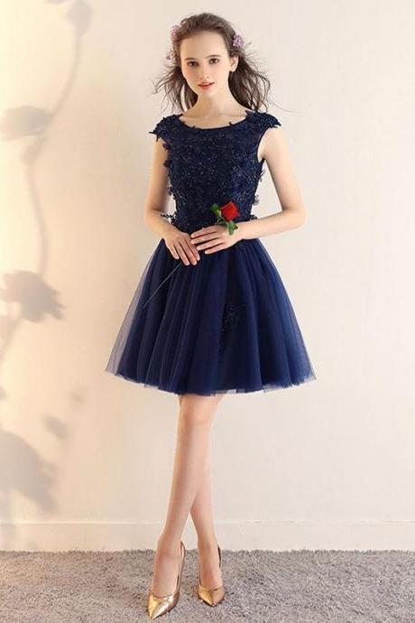 Dark Blue Lace Tulle Short Prom Dress,blue Short Bridesmaid Dress